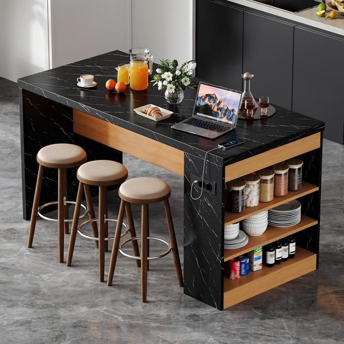 Meuble de cuisine 155x80x90 cm Noir Naturel MDF avec LED prises et plan de travail epais