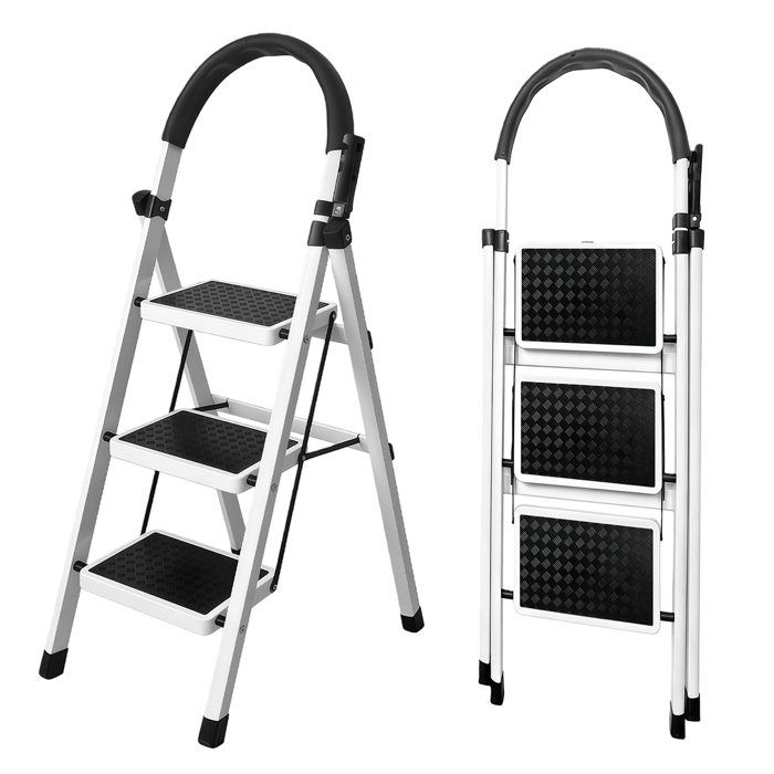 Escabeau 3 marches pliable avec rampe marches antidérapantes structure robuste blanc et noir