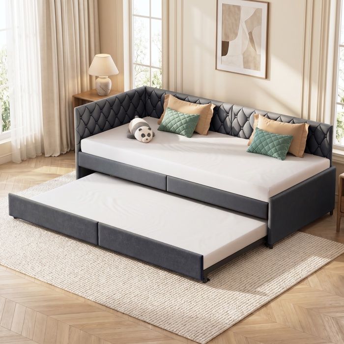 Canapé-lit gigogne extensible 90/180x200 Canapé Convertible Lit rembourré avec fonction de sommeil Velours Sans matelas Gris