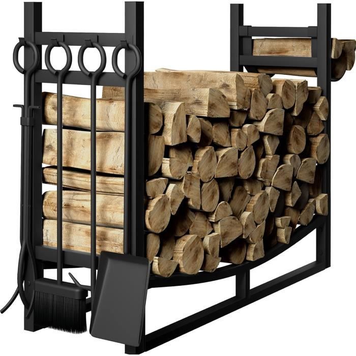 Porte-bûches avec 4 outils 38x33x75cm - métal - range bûche pour cheminée - support bois intérieur et extérieur - noir - VOUNOT® - Gamm vert