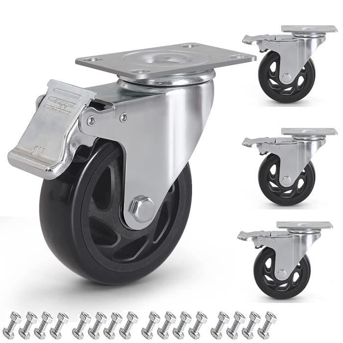 Roulettes Caoutchouc Avec Frein - Lot De 4 - 50mm - Charge 200kg - Pour Meuble, Chariot, Bricolage - PU Résistant