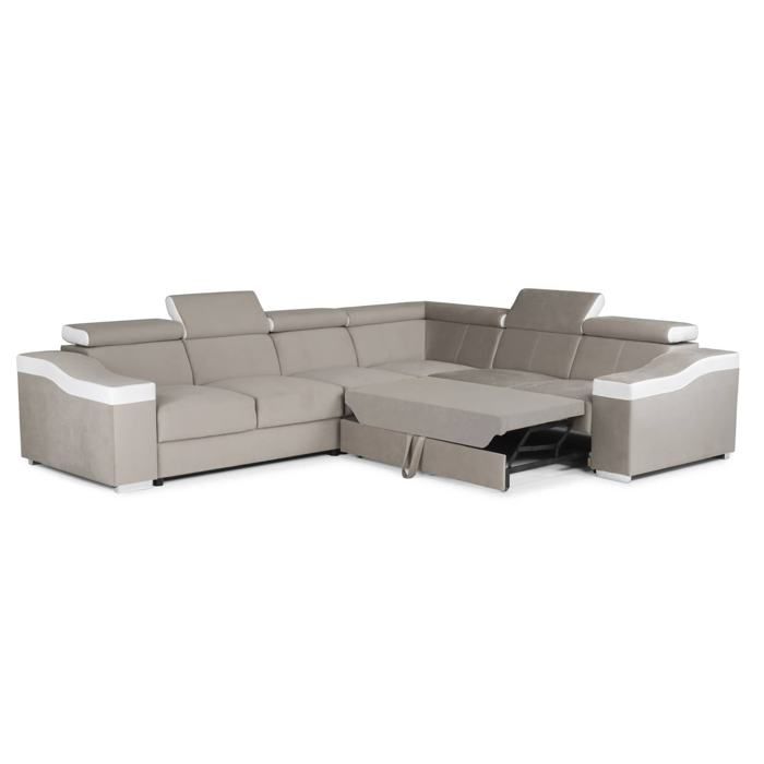 LUCKY - Canapé d’angle convertible réversible en tissu velours beige et simili cuir blanc LUCKY - Canapé d’angle convertible réversible en tissu velours beige et simili cuir blanc
