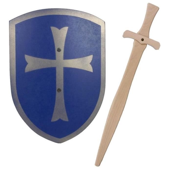UJJ KIDS épée et Bouclier en Bois Lion Bleu Jouet pour Enfant déguisement Chevalier médiéval 