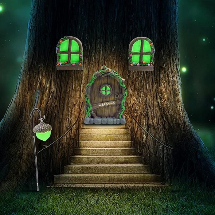 Kit Portes Et Fenêtres De Fées Lumineux - Décoration Jardin Miniature Brillant Dans Le Noir, Résine Résistante