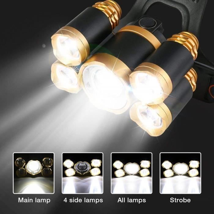4Q5 Lampe frontale puissante LED lampe torche rechargeable pour le camping la randonnée DELEE Lampe frontale étanche 12000 lumens 5 LED XML T6 