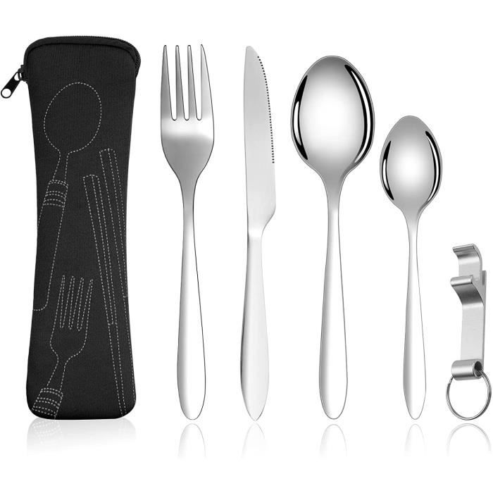 Ensemble de couverts portables - Acier Inoxydable - 5 pièces - Avec pochette - Idéal pour camping et voyage