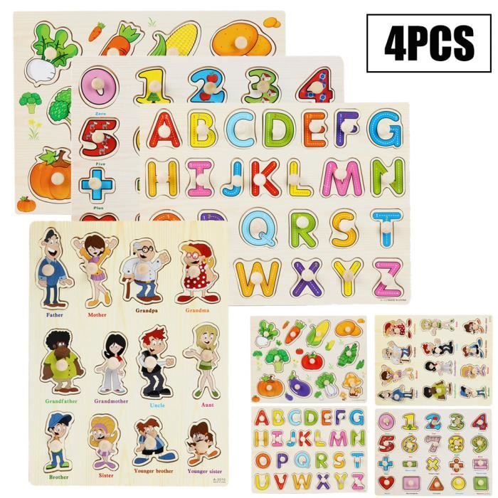 Puzzle Enfant - Bois Coloré - 4 PCS - Alphabet et Chiffres - Jouet Éducatif - 2 Ans et Plus