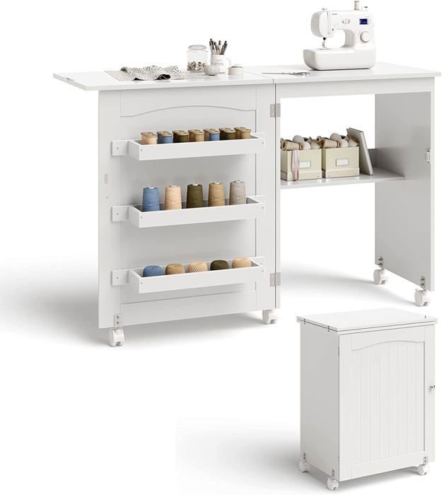 Meuble Pour Machine A Coudre Table De Couture Pliante Avec 3 Etageres Pour Bobines Et Roulettes Verrouillables En Bois Blanc Achat Vente Machine A Coudre Cdiscount