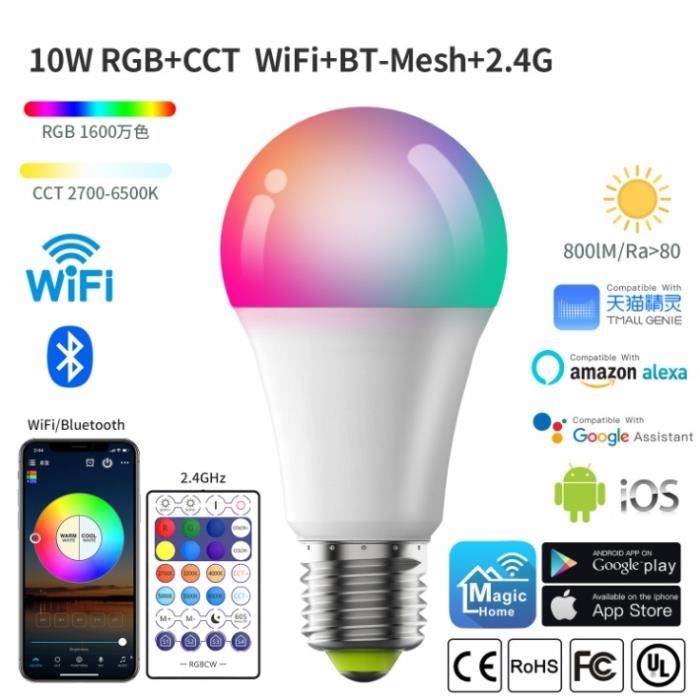 9 W, E27 / B22 à intensité variable RVB CW WW commande vocale WZLOVE Ampoule colorée intelligente TuYa WiFi Classe énergétique A + Compatible avec Alexa/Google Home 