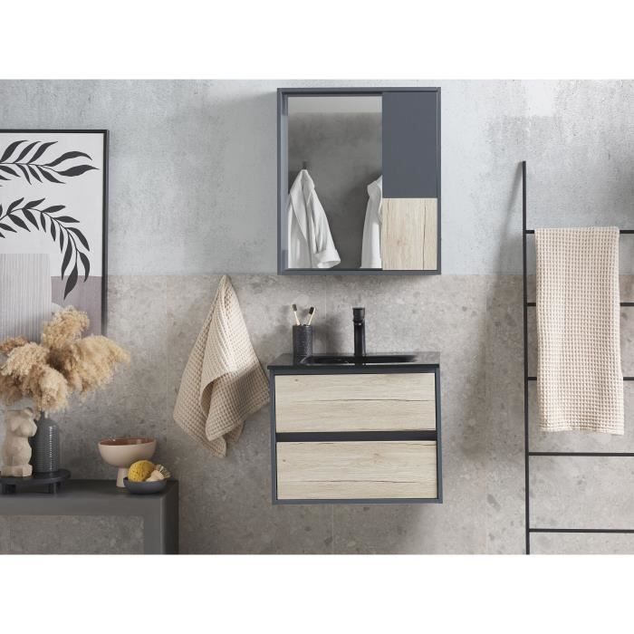 meuble vasque integree avec miroir et cabinet 60 cm bois clair et gris teruel