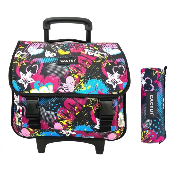 Cartable Scolaire roulettes et trousse offerte Cactus COEUR