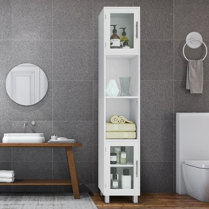 costway meuble colonne de salle de bain avec 2 étagères ouvertes, 1 étagère réglable et portes en verre trempé, 33x30x180 cm, blanc