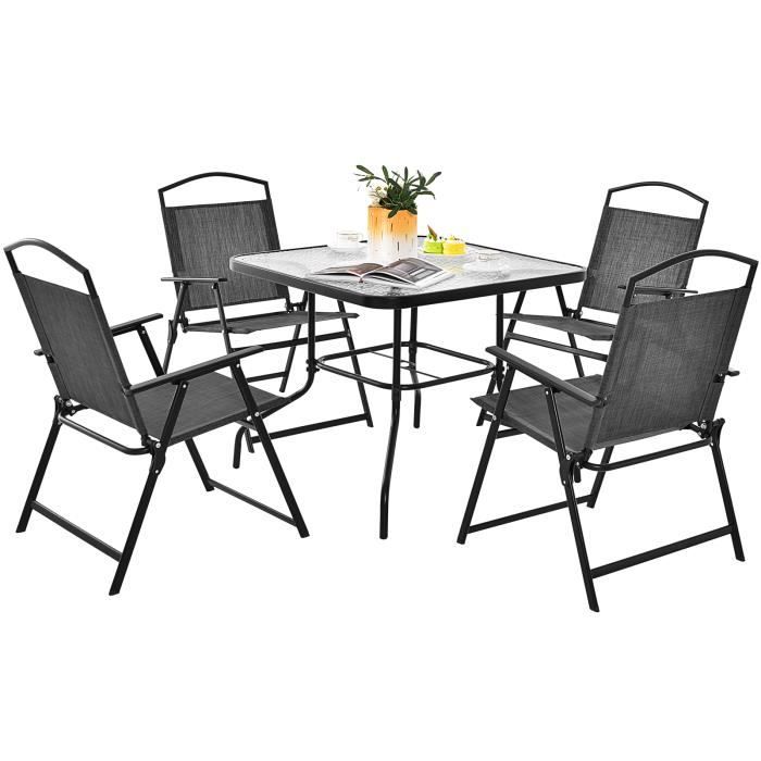 COSTWAY 5 PCS Salon de Jardin - Métal et Textilène - 4 Chaises de Jardin Pliables Table Carrée en Verre Trempé Trou pour parasol