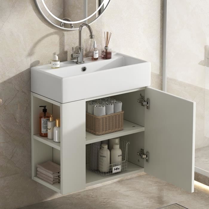 Meuble sous-lavabo - Blanc - 55 cm - Vasque suspendue - 2 Étagères - Design contemporain