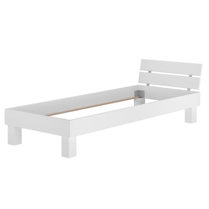 60.86-09wor cadre de lit simple moderne en hêtre massif blanc 90x200 sans literie, avec étagère comme table de chevet