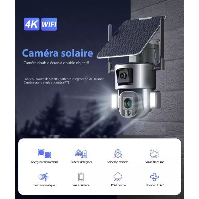 Caméra Surveillance Solaire PTZ 8MP 4G Wifi Étanche 4K Suivi