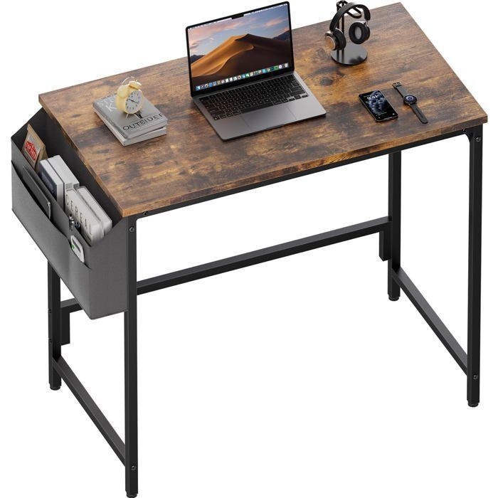 HLONONE 80 cm x 40 cm Petit Bureau Informatique avec Sac de Rangement Structure Métallique pour Chambre à Coucher Marron Vintage