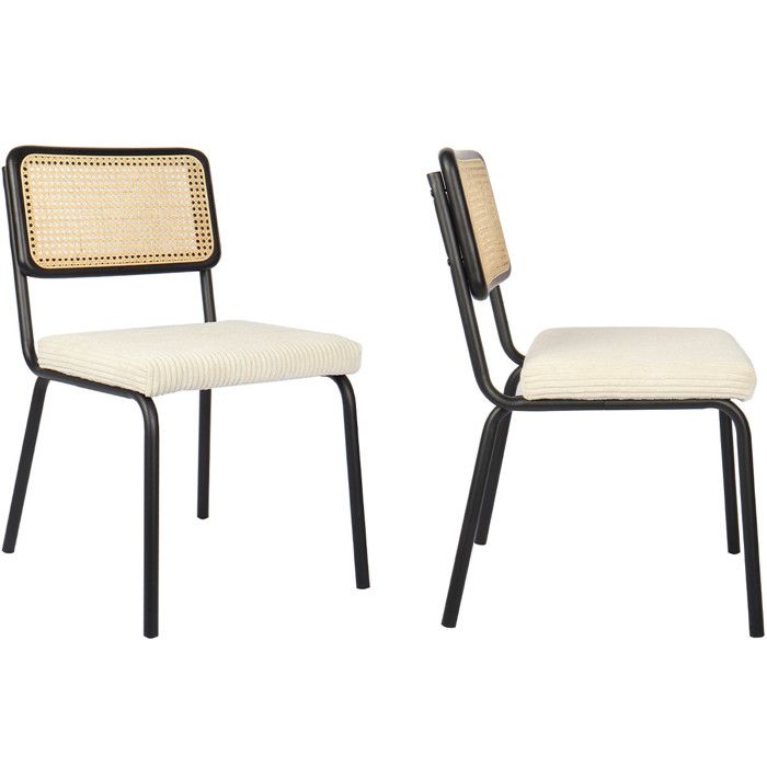 Lot de 2 chaises en métal et bois noir cannage naturel et velours côtelé beige - Paula Lot de 2 chaises en métal et bois noir cannage naturel et velours côtelé beige - Paula