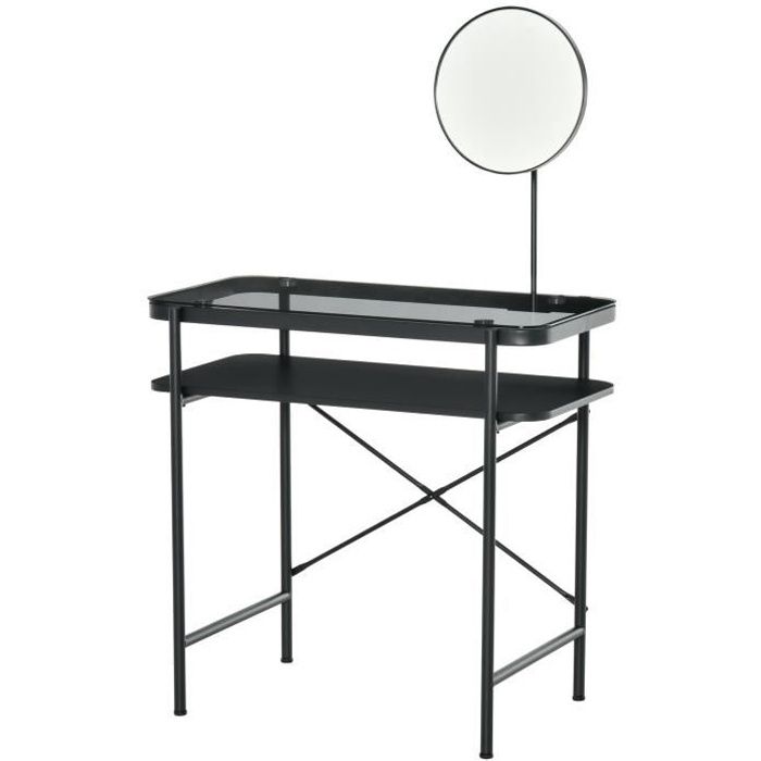 coiffeuse design contemporain - homcom - plateau verre trempé - miroir pivotant - métal noir