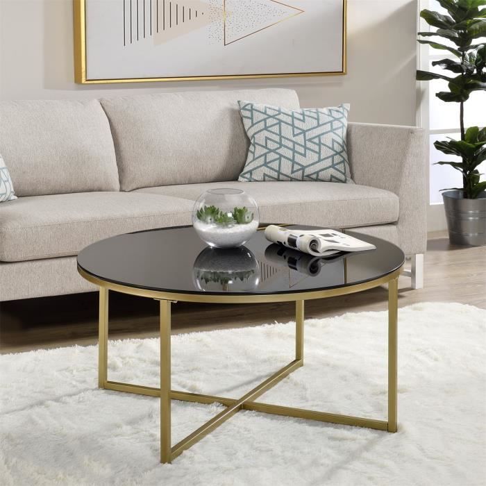 Table Basse Ronde Noelia Plateau En Verre Noir Et Pietement Croise En Metal Dore Bout De Canape Table De Salon Style Moderne Achat Vente Table Basse Table Basse Ronde Noelia