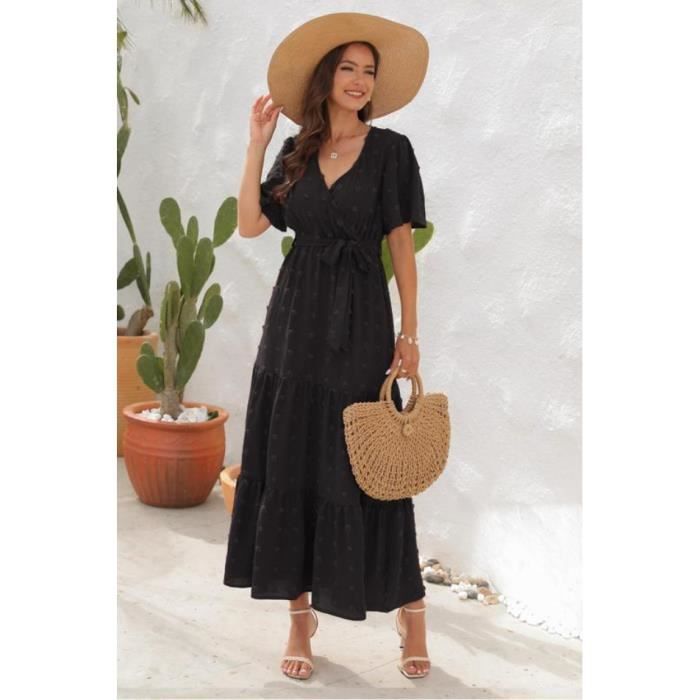 Robe Femme Ete Robe Longue Robe Manches Courtes Col en V legante