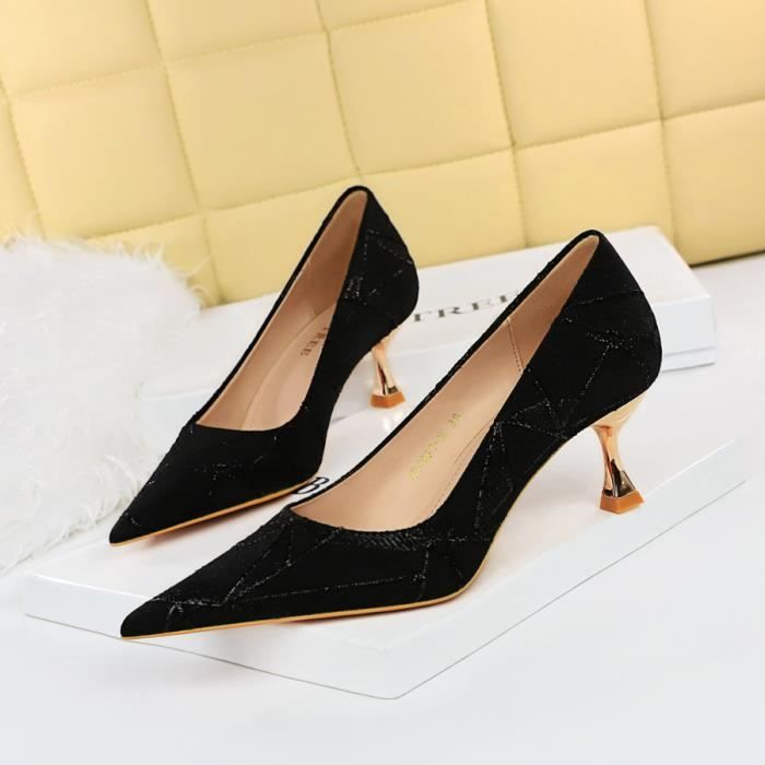 Escarpin Femme Sensible Mince Talon Haut en Metal Noir