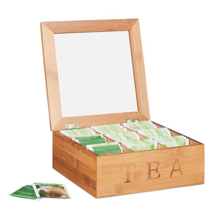 Relaxdays Boîte à thé bambou, fenêtre visualisation, coffret à thé, bois, 9  compartiments, HLP 8,5 x 22 x 22 cm, nature - Cdiscount