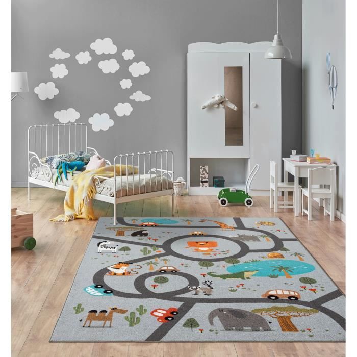 the carpet Happy Life - Tapis de jeu pour chambre d'enfant avec des rues et des animaux de la jungle mignons, gris, 160 x 220 cm