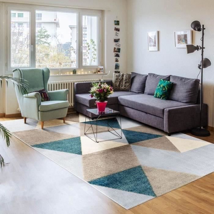 Tapis décoration Losange - Beige et Bleu - En polypropylène - 120 x 170 cm - Intérieur/extérieur