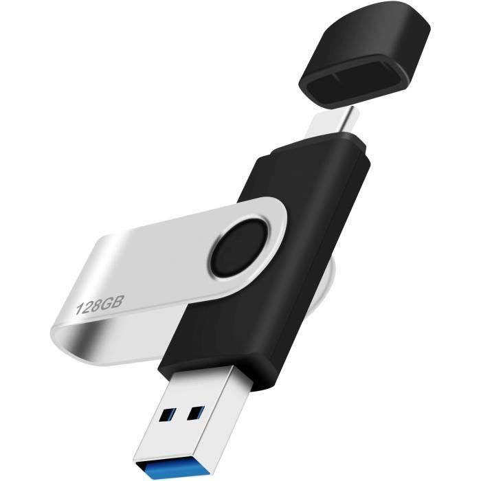 CLé USB 128 Go 3.0, 2 en 1 Type C 3.0 Pen Drive 128gb Imperméable Cle USB C  128 Go pour PC Tablette Smartphone (Argent)