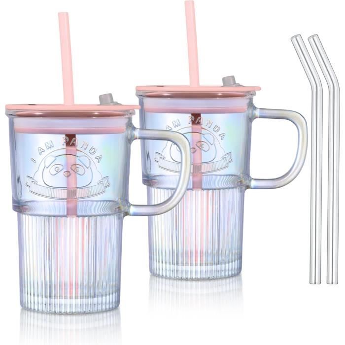 Hebterrka Lot De 2 Verres Esthétiques Avec Couvercle Et Paille - Nœud Rose Clean Girl Aesthetic