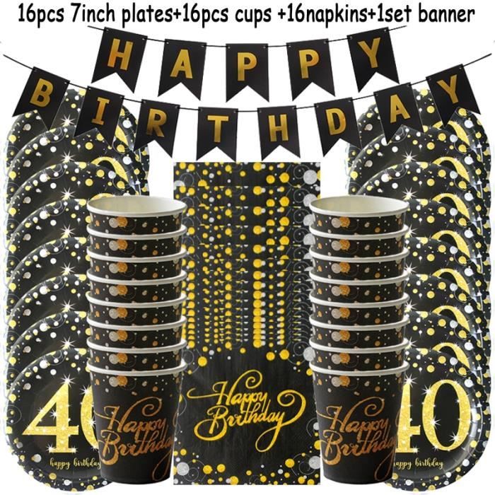 Gold 40th Tableware Decoration De Soirees D Anniversaire Noir Et Dore 30 40 50 Ou 60 Ans Set Pour Celebrer La Nouvelle Annee B Cdiscount Maison