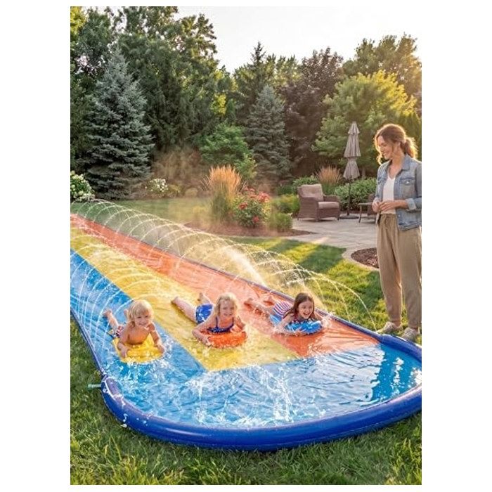SLOOSH 18ft/548cm Toboggan triple avec 3 bodyboards, toboggan aquatique pour pelouse avec arroseur pour enfants et adultes, jouet d'extérieur pour s'amuser en été