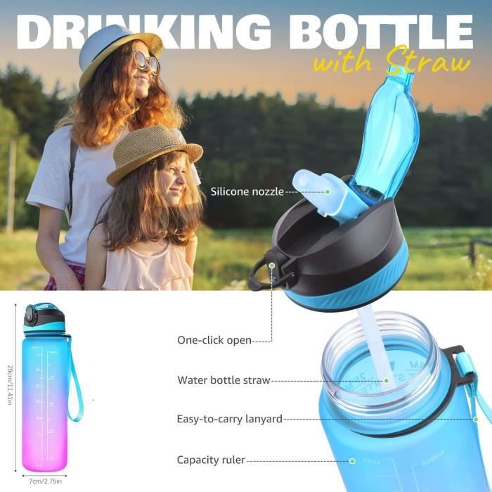 Gourde Sport Vikaster 1L Sans BPA - Marqueur De Temps - Design Dégradé - Clic D'Ouverture Rapide