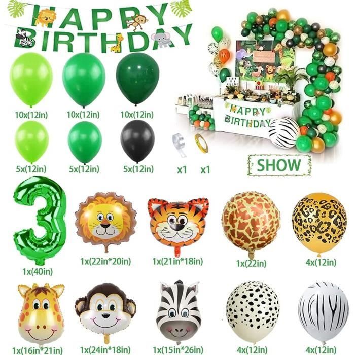 Jungle Décorations Anniversaire fête Garçon 3 ans,Ballons Anniversaire 3 an  Animaux avec latex Ballons Jungle Réutilisable