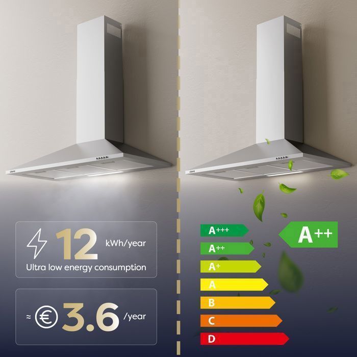 Hotte Aspirante CIARRA 60cm - 370m³/h, Acier Inox, Recyclage Ou évacuation
