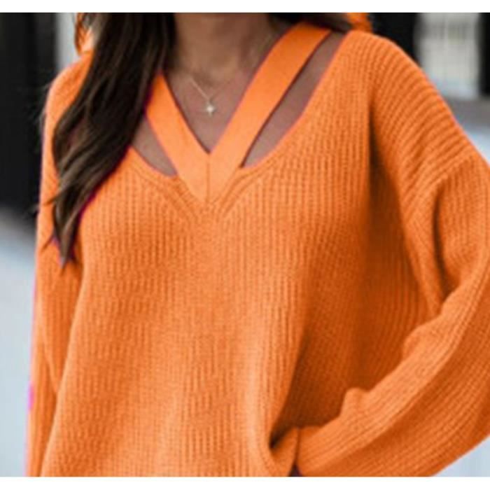 Gros Pull Grosse Maille Femme Oversize Tricot Col V Pullover Chandail Sweater Ample Tricote Grande Longue Epais orange S