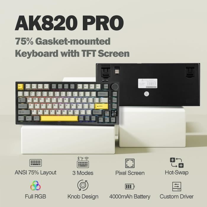 Ajazz Ak820 Pro 75 Gasket Clavier Mecanique Sans FilBluetoothUsb, Rgb RétroÉclairé, Tft