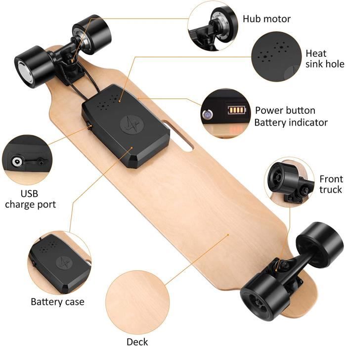 CAROMA Skateboard Électrique, Longboard Adulte avec Télécommande sans Fil,  Vitesse Max. 20 km/h, Skateboard pour Ado, Adultes, Noir - Cdiscount Sport
