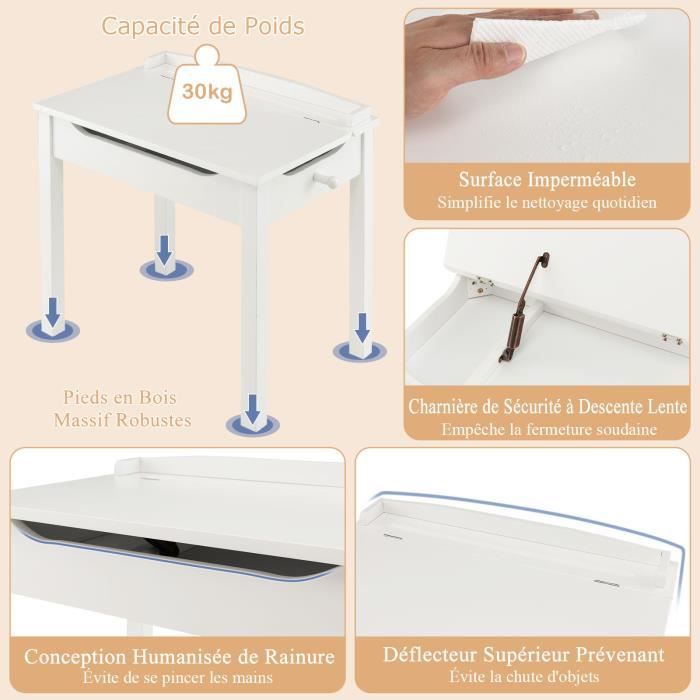 Bureau Enfant Avec Chaise Ergonomique En Bois De Pin - Tiroir Et Compartiment - Pour Garçons Et Filles 3 Ans Et Plus - Blanc