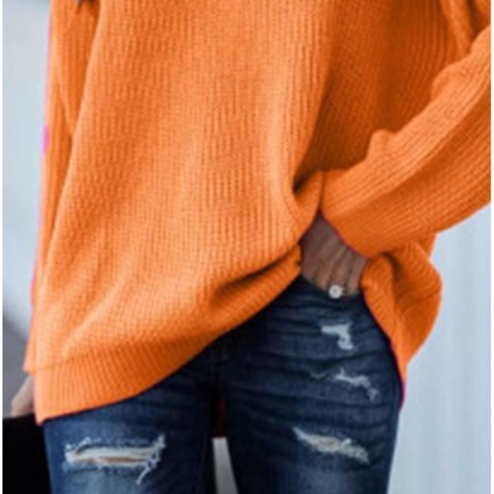 Gros Pull Grosse Maille Femme Oversize Tricot Col V Pullover Chandail Sweater Ample Tricote Grande Longue Epais orange S