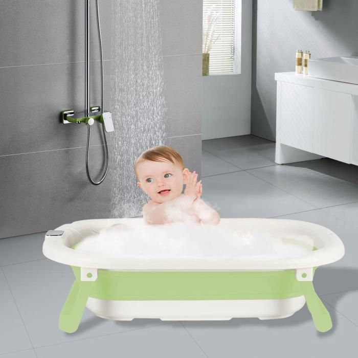 Baignoire Bébé Pliable Avec Thermomètre Numérique - Support Ergonomique, Drainage Rapide (Vert)