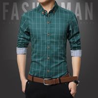 Fashion Homme carreaux Chemise Manches Longues Coton Blouse affaires Chemises Casual Slim Shirt Vert
