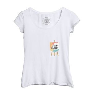 T-SHIRT T-shirt Femme Col Echancré Blanc Spread Creativity Poche Tableau Peinture Dessin