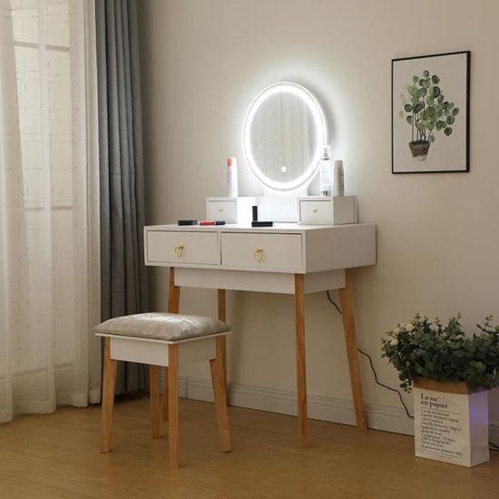 Table de maquillage coiffeuse avec miroir éclairage LED/tabouret en MDF á  choix