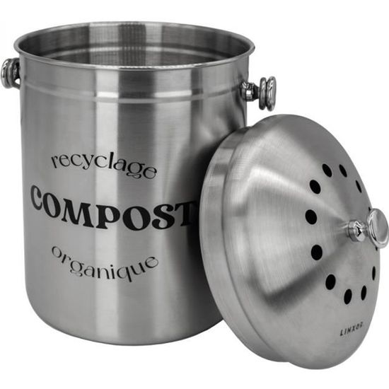 Composteur de cuisine 5L Inox Linxor - Bac à compost - Double filtre - Design poubelle américaine