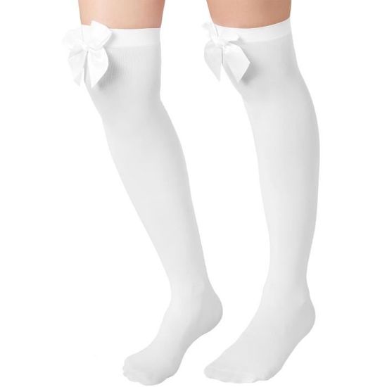Bas Blancs Femme Avec Nœud - Chaussettes Hautes Montantes Élastiques Pour Cosplay, Soirée, Halloween