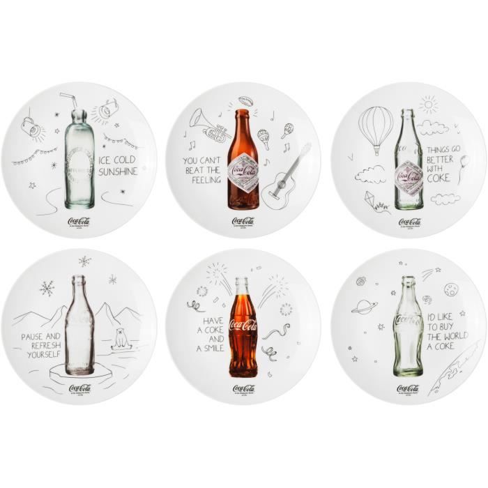 Coca-Cola Coke 38-2C-009 Assiettes plates rondes Bouteilles Coca-Cola Coffret de 6 assorties Porcelaine Blanc gris et marron D21cm