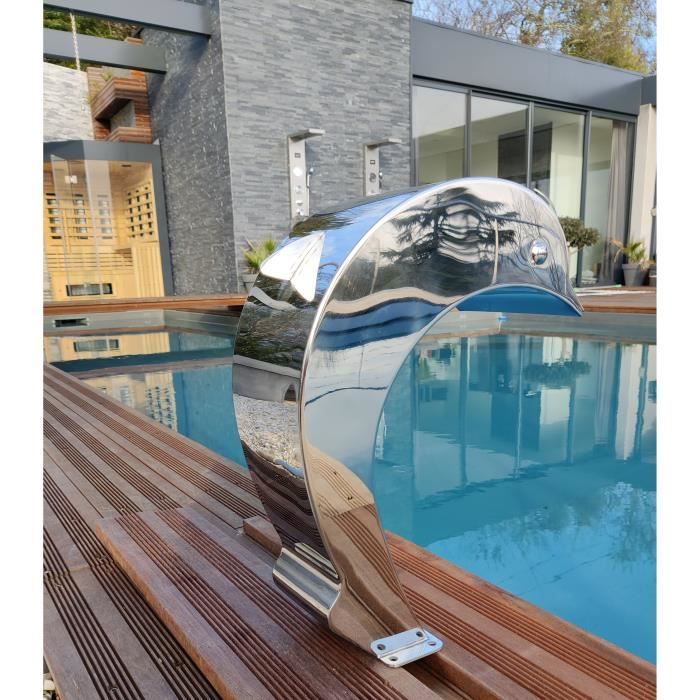 Cascade Inox Fontaine Piscine Bassin Modèle Dauphin avec Oeuil et Aileron Hauteur 60cm / Larg 30cm