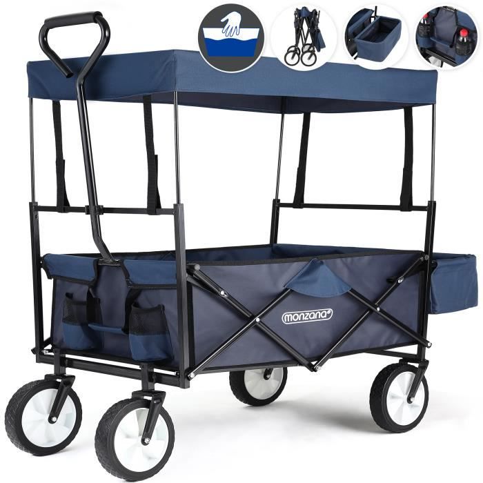 Chariot de jardin pliable 4 roues avec toit 100L Chariot de transport à main bleu foncé Chariot de plage remorque